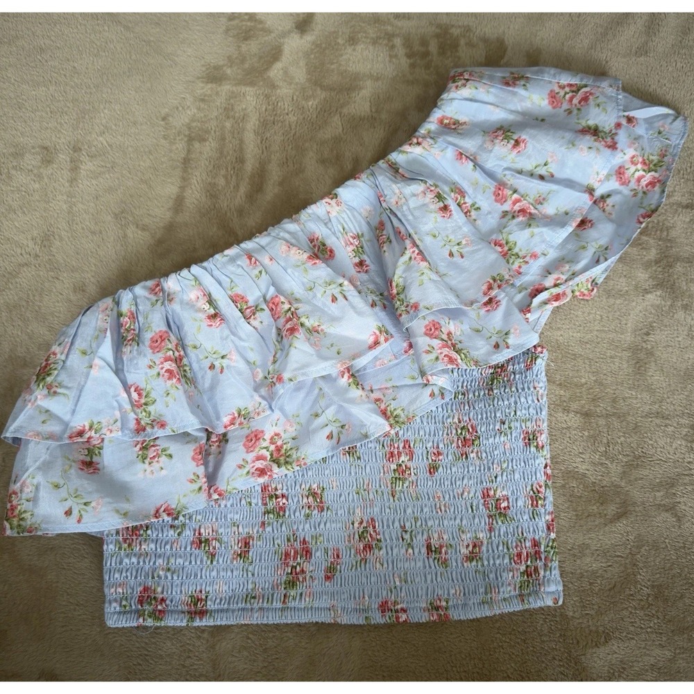 Abercrombie & Fitch One Shoulder Smocked Floral Ruffle Crop Top Blue Stretch S